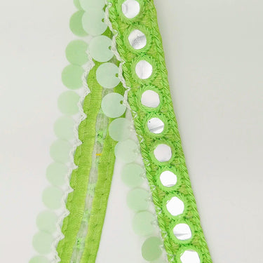 Green Fringe Trim With Mirrors And Sequins Tassels, Boho, Bohemian Trim